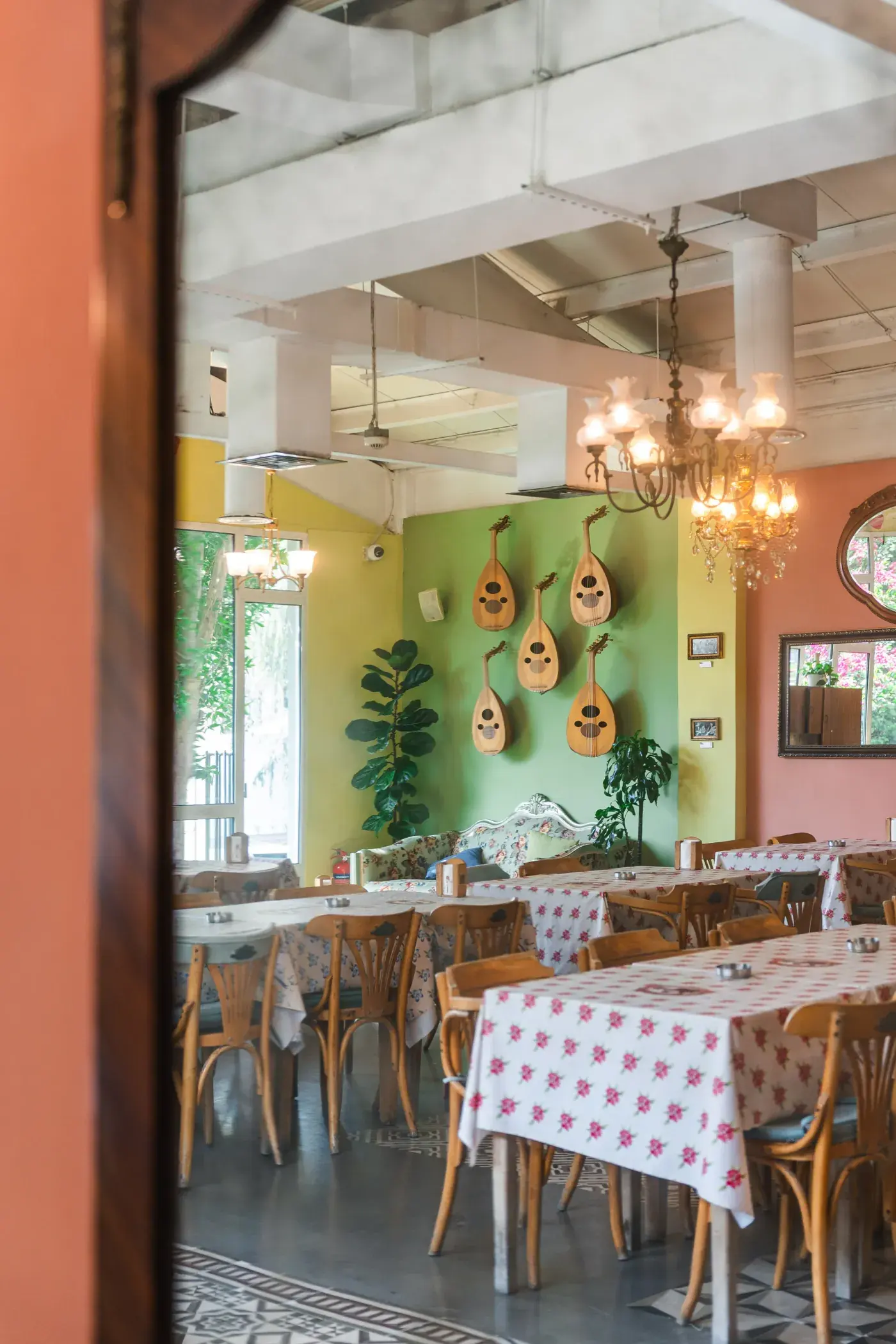 Hanging plants and a mirror against the terracotta wall of the Dubai dining room